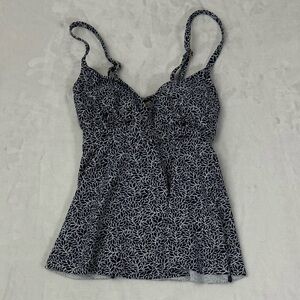 Kona Sol Women’s Navy Blue & White Leaf Patterned Swim Top Cross Back Size Small
